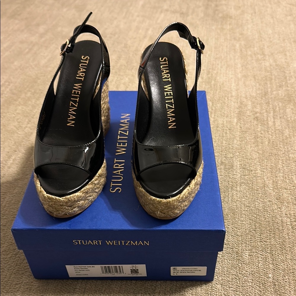 **Brand New**. Stuart Weitzman Island Peep-Toe Espadrille Wedge.  Black.